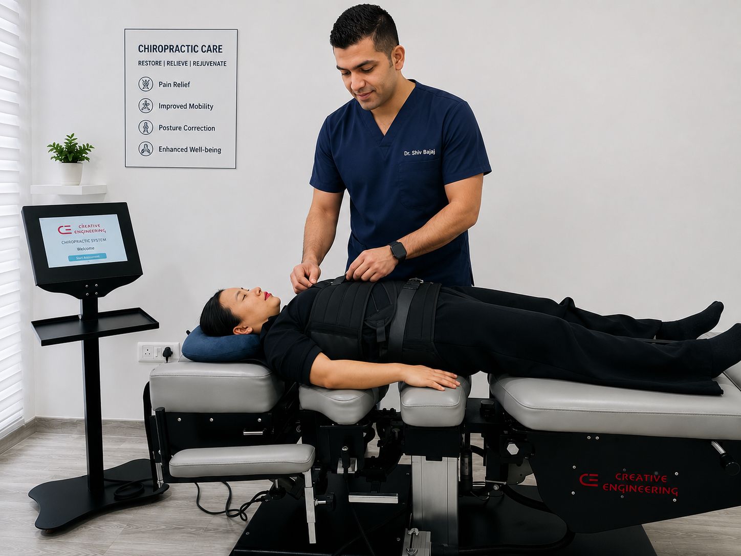 Chiropractic care session with Dr. Shiv Bajaj on spinal decompression table